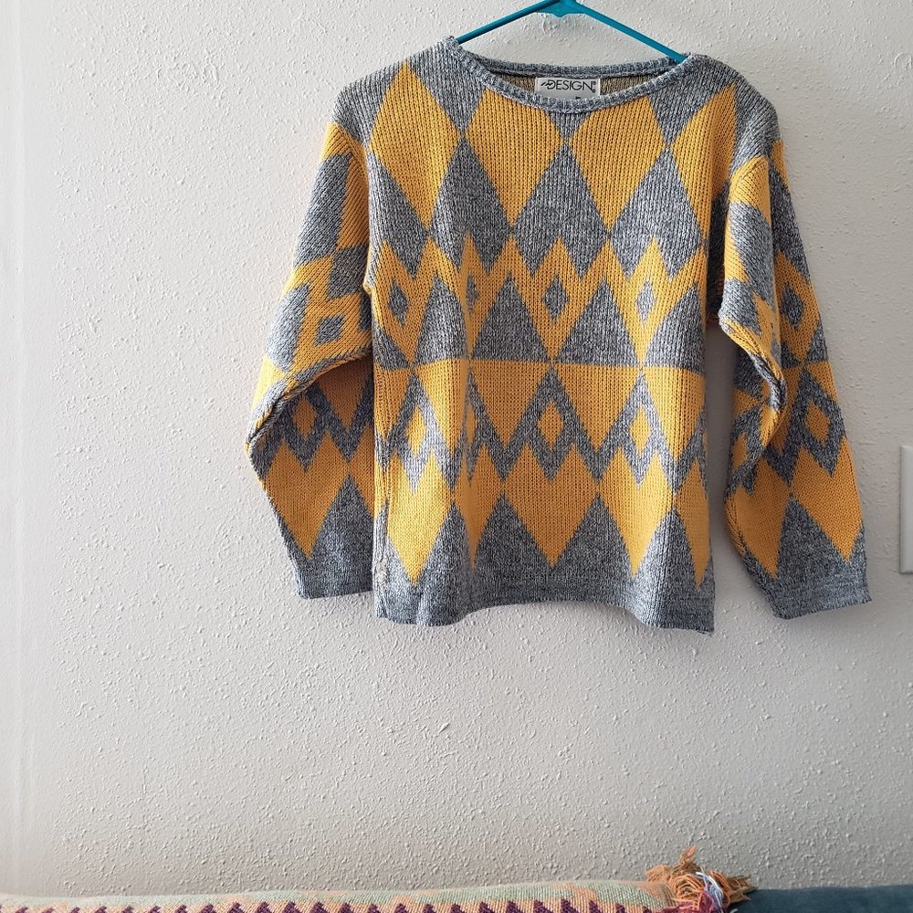 Vintage Yellow/Gray Knitted Granny Sweater -Size S